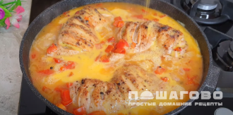 Фото приготовления рецепта: Куриные окорочка с яйцами и овощами на сковороде - шаг 9