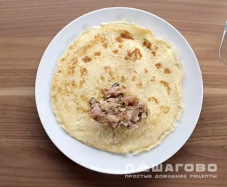 Фото приготовления рецепта: Яичные блинчики с курицей и грибами - шаг 6